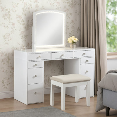 Texo 3Pc White Vanity Table Set With LED Mirror And Beige Padded Stool