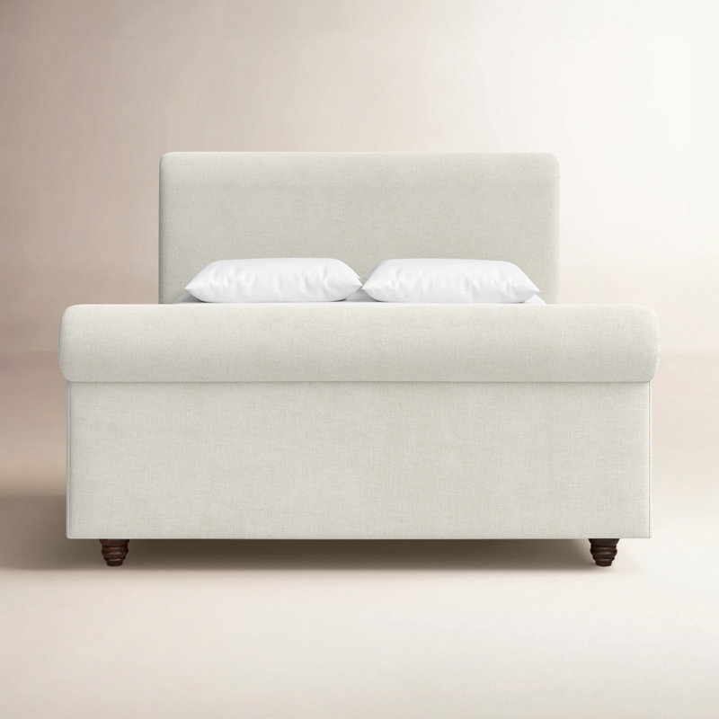 Waverly Sleigh Upholstered Platform Bed with Rolled Headboard and Footboard, Effie Linen Performance Linen, Queen