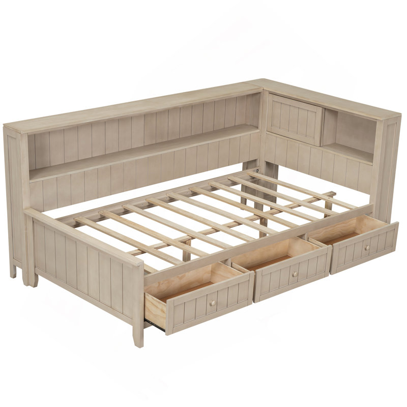 Lit de jour simple en bois avec tablettes de rangement et 3 tiroirs, lait blanc antique