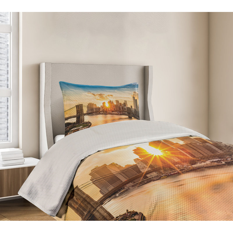 King Size White Microfiber Quilted Bedspread Set with Cityscape Design