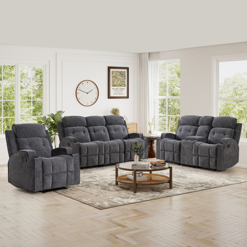 3-Piece Modern Manual Reclining Living Room Set With Overstuffed Recliner Chair, Loveseat With Storage Console And 3-Seat Sofa With Fixed Center