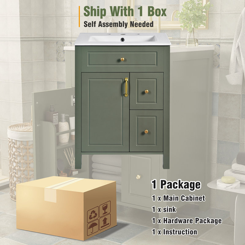 24-Inch Yarenis Vanity With Ceramic Sink, 1 Soft Close Door, 2 Soft Close Drawers, And Double Storage Racks On The Door