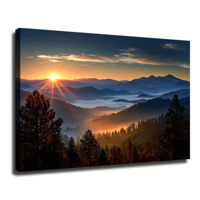 «Sunrise Mountain Forest Valley With Morning Fog Landscape», grande galerie d'art sur toile tendue pour le salon, la chambre à coucher
