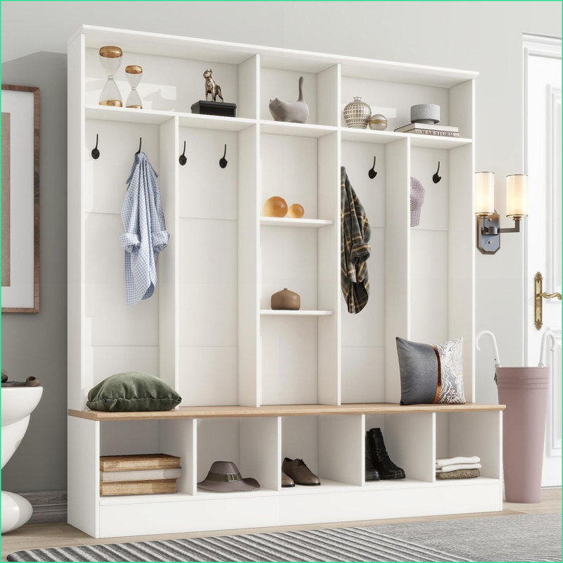 Hall d'entrée, rangement multifonctionnel pour vestibule 4 en 1 avec portemanteau, casiers à chaussures et amp; Banc, noir moderne | Noir | Panneau de particules