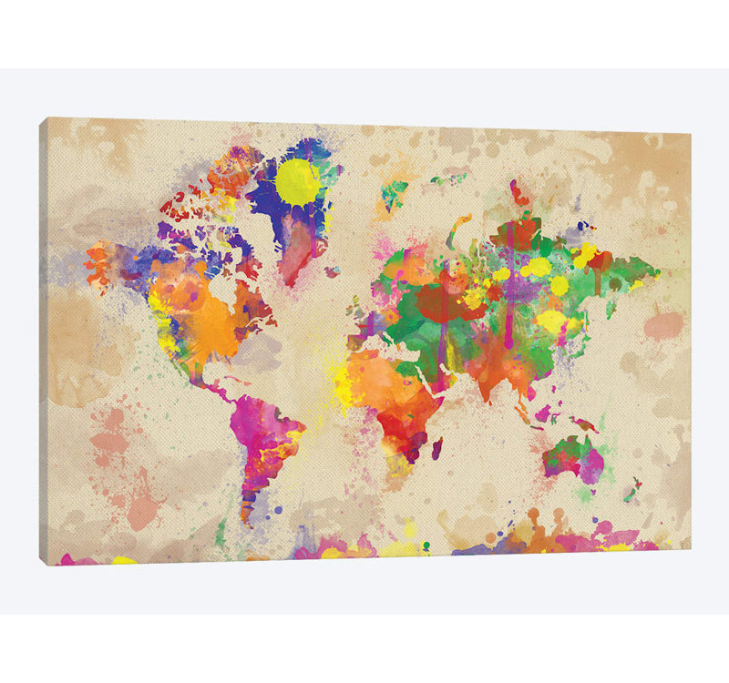 « aquarelle world map on old toile », reproduction d’impression sur toile, H 26 po x l 40 po x P 1,5 po, Toile tendue