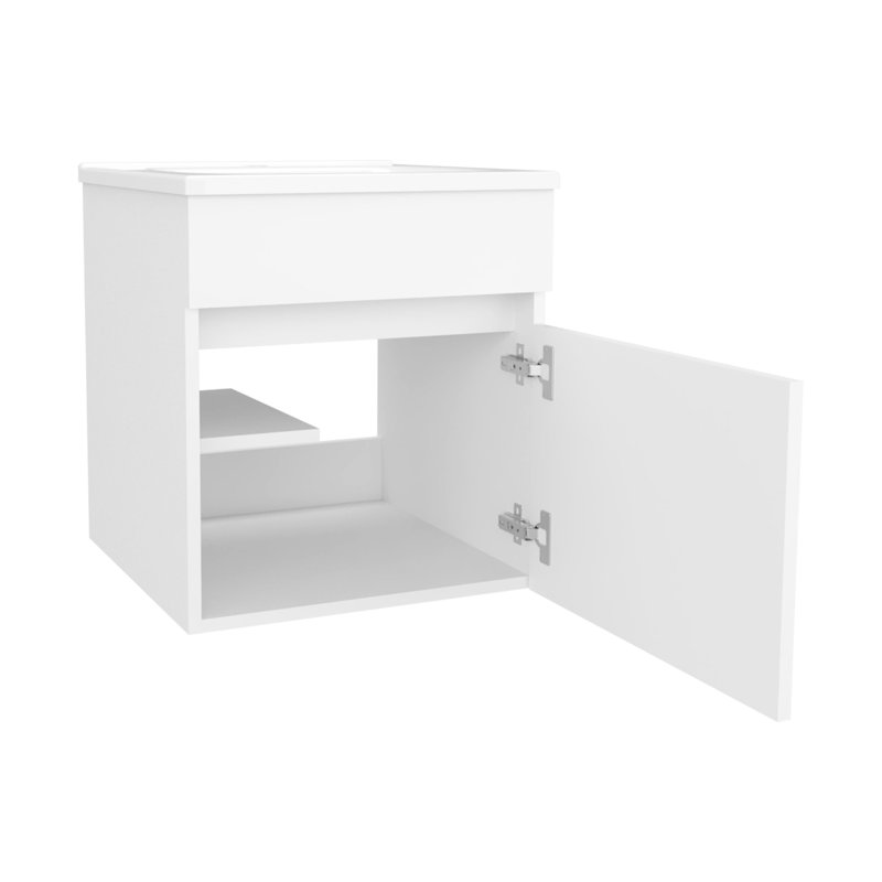 Meuble-lavabo flottant blanc à une porte avec lavabo, fixation murale, esthétique contemporaine, conception peu encombrante, finition épurée, profil rectangulaire, panneau de particules et porte de lavabo intégrée intégrée,