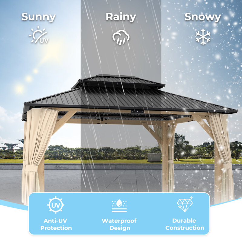 Wooden Patio Gazebo With Galvanized Steel Double Roof, Cedar Frame Pavilion For Garden, Lawn & Poolside (11x13 Ft)