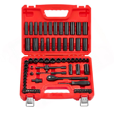 3/8 In Drive Impact Socket Set, 96 Piece, 6 Point Deep & Shallow Impact Sockets, SAE (5/16 In To 3/4 In) And Metric (8 To 22 Mm) Sizes With 3 In & 6 In Extension Bars, Cr-V Steel, Carrying Case