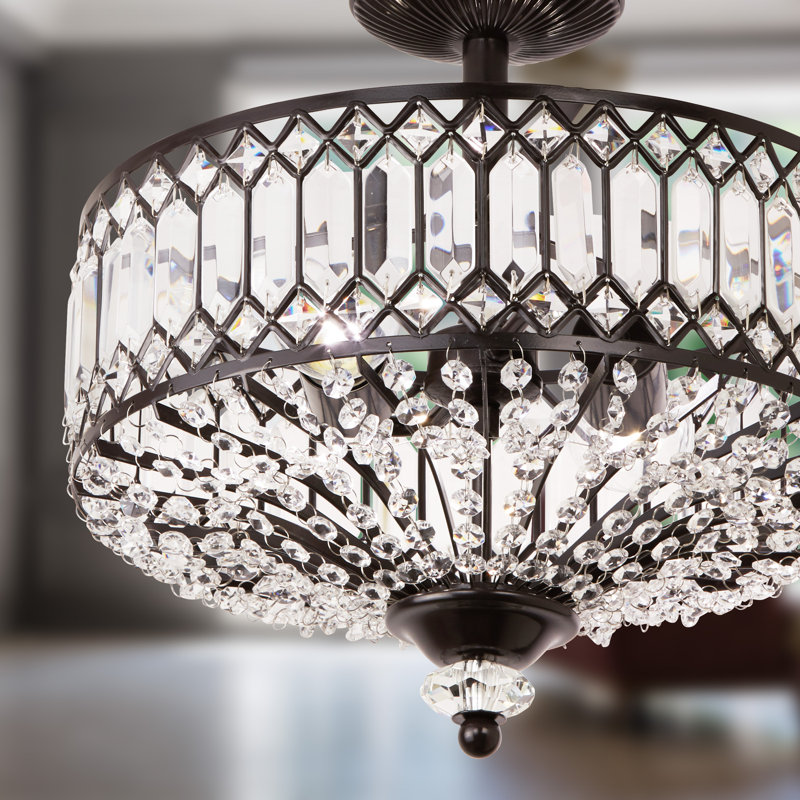Eyne Laurie 14.75" W 2-Light Dimmable Carved Crystal Semi Flush Mount, Clear/Bronze