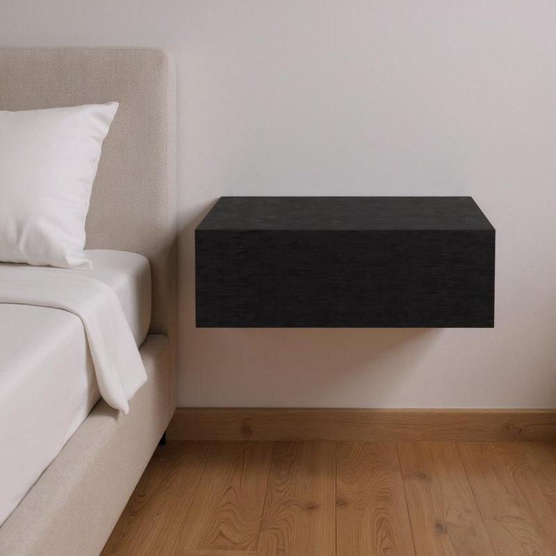 16" Black Wood One Drawer Floating Nightstand, Black