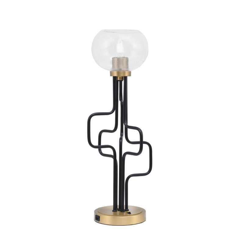 Lampe d'appoint Amarmula, avec ports USB, fini noir mat et laiton vieilli, verre bullé transparent de 7 po, Doré, Clair