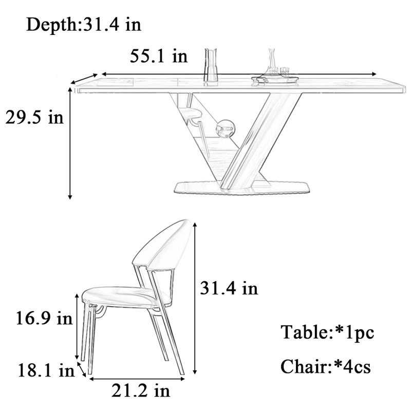 Table et chaise de designer minimaliste légère et luxueuse, Noir, noir, noir, noir, H 29,5 po x L 55,1 po x l 31,4 po