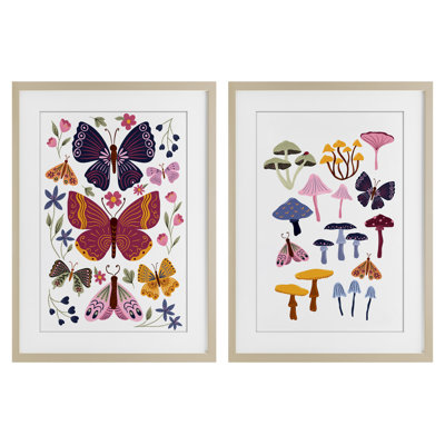 Butterflies & Delicate Mushrooms 2pc Framed Print Under Glass Set, design by JJ Design House LLC