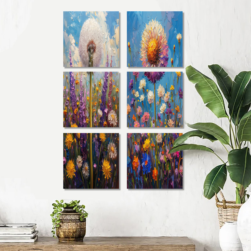 Pissenlit blanc blanc mauve d'été - ensemble d'art mural sur toile pissenlit de 6, Toile tendue, Ne s’applique pas