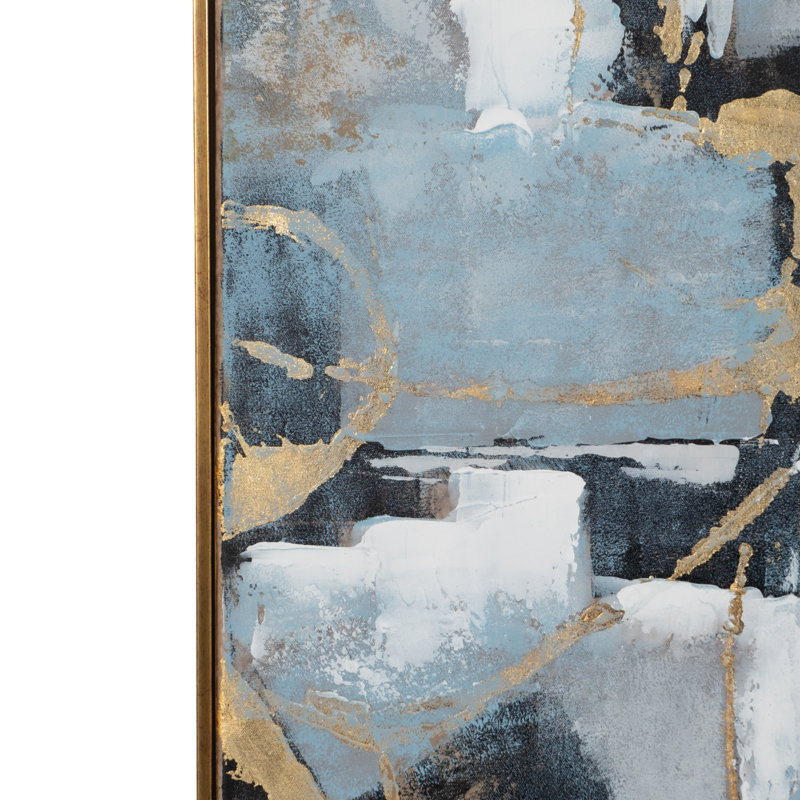 51" x 21" Blue and Gold Abstract Oil Painting on Canvas