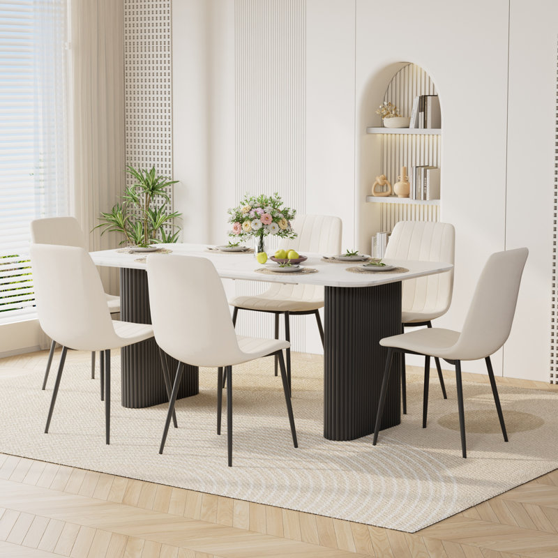 Ensemble de table de salle à manger 70,9 po Marble Texture, Beige, Noir, 7