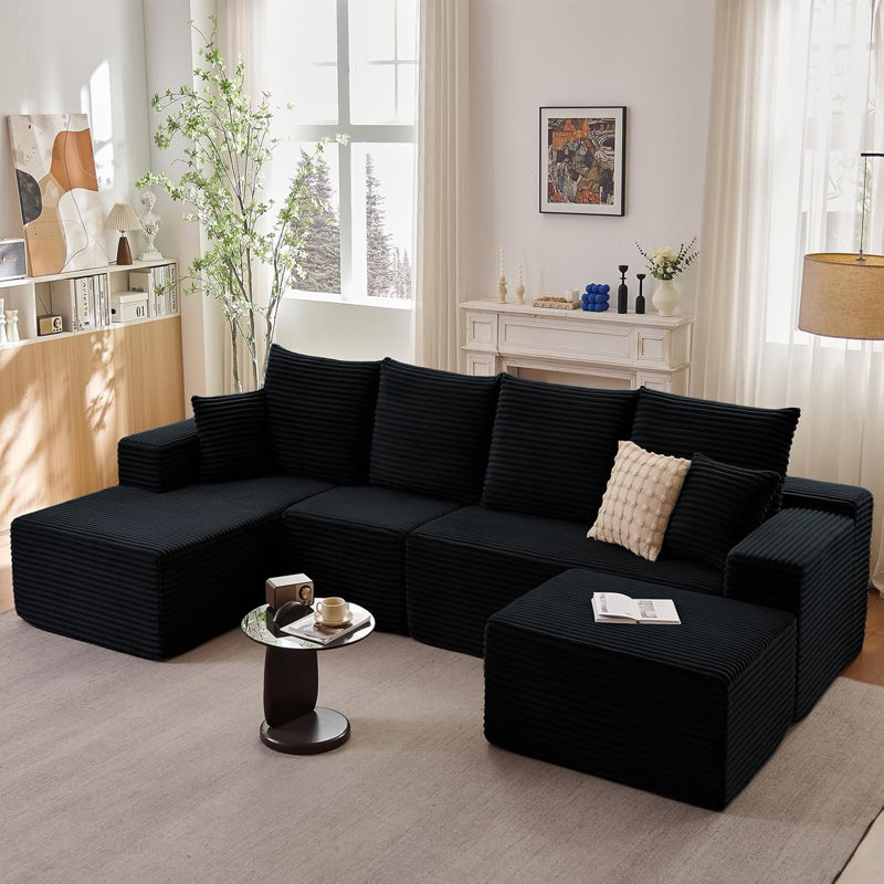 Canapé en forme de L de 135 po avec repose-pieds, canapé modulaire moderne en U confortable en forme de U, siège profond, méridienne rembourrée en velours côtelé pour salon, sans assemblage requis, blanc