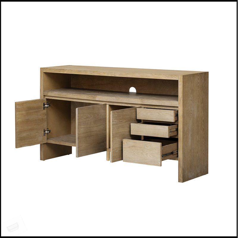 Buffet moderne en placage de frêne massif avec 3 tiroirs, tablette semi-ouverte et découpe centrale pour la gestion des câbles