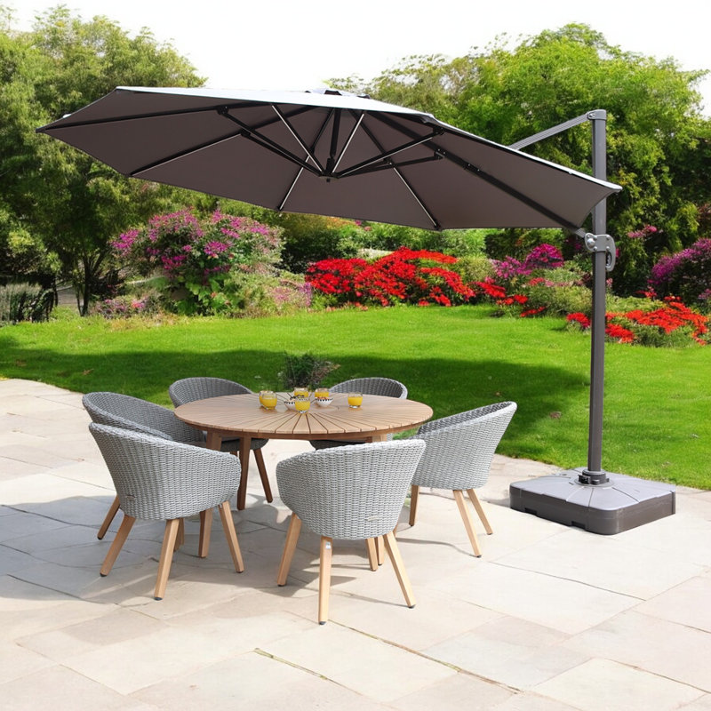 3.5m Deluxe Solar LED Round Cantilever Parasol Grey + 100kg base