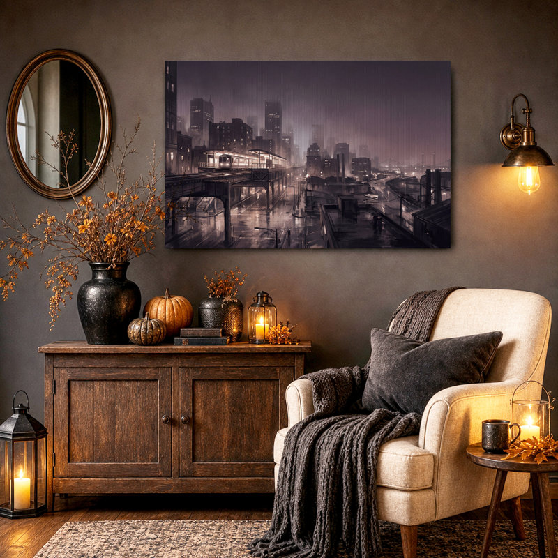 Tableau sur toile d'Halloween représentant un paysage urbain futuriste avec un train surélevé, H 28 po x l 40 po