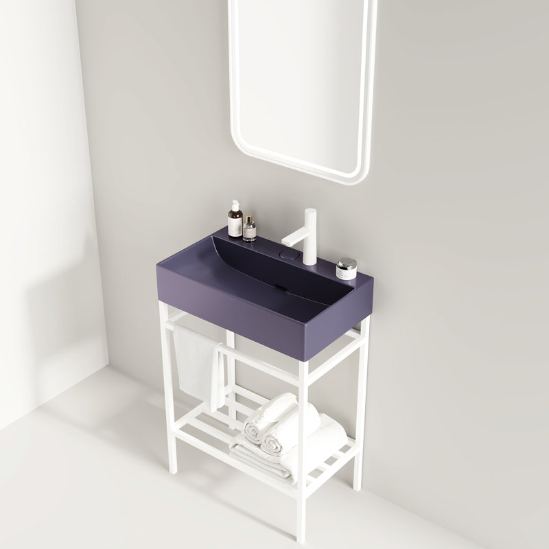 Lavabo de salle de bain en céramique - lavabo rectangulaire mauve 24 po, console autoportante, blanc, scandinave moderne, tablette en fer robuste, assemblage facile et blanc brillant, avec coffre