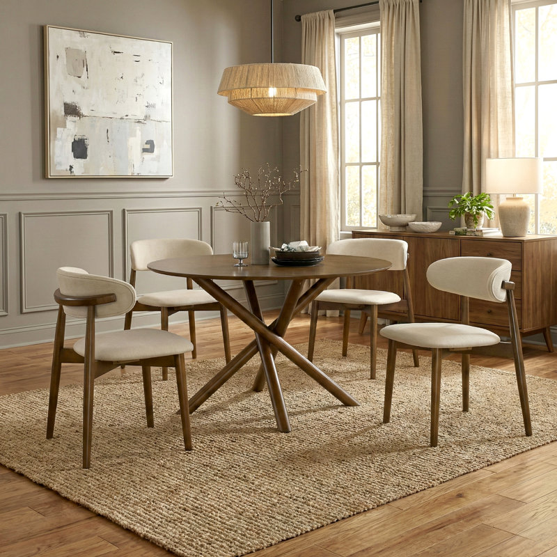 Roundhill Furniture Rosalina 5-Piece Dining Set, Round Dining Table With 4 Stylish Chairs, Walnut Finish