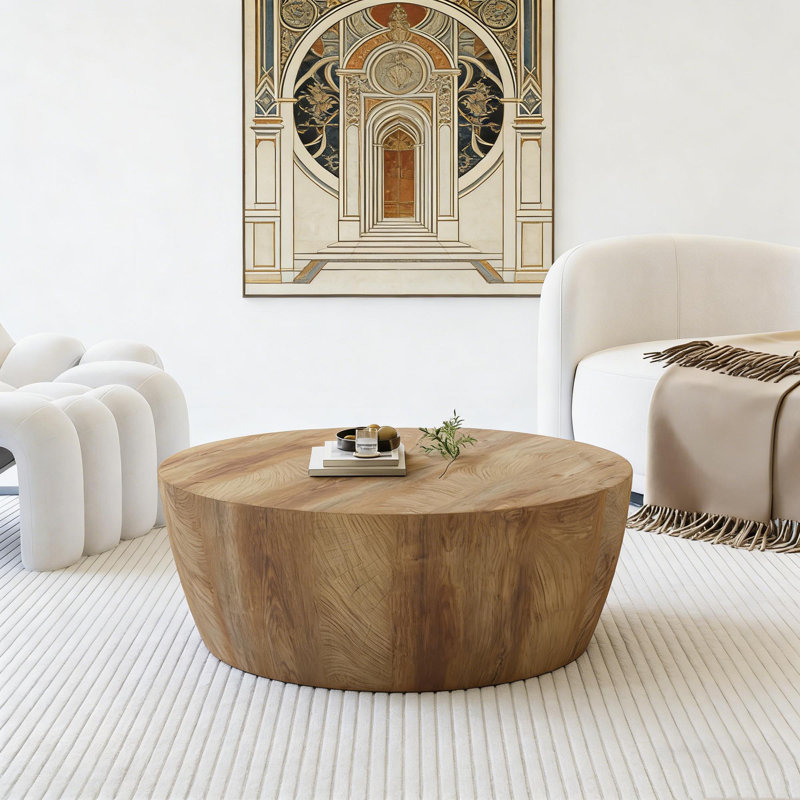 29.53" High-quality Mdf Natural Color Round Table, Modern Industrial Natural Fully Assembled Drum Coffee Table, Suitable For Home&kitchen