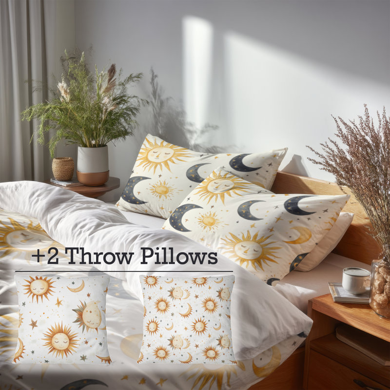 Ensemble de literie 5 pièces Boho - Housse de couette et coussin décoratif Starburst Sun Moon