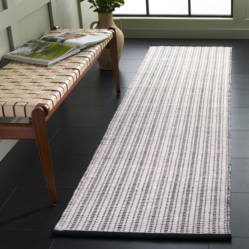 Vermont 909 Hand Woven Cotton/Wool Striped Rug in Black/Ivory, Runner 2'3" x 8'