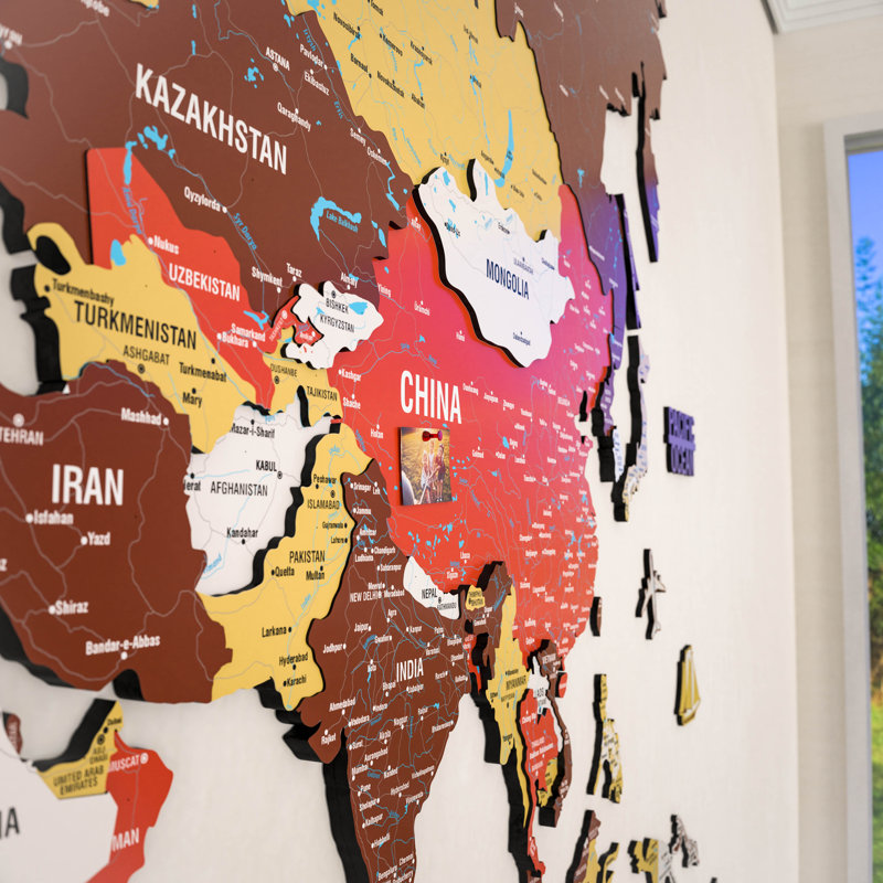 3D Wooden World Map – Multicolor UV Printed Wall Art, Modern Home & Office Decor, Terracota, 59.1" H x 94.5" W x 0.4" D