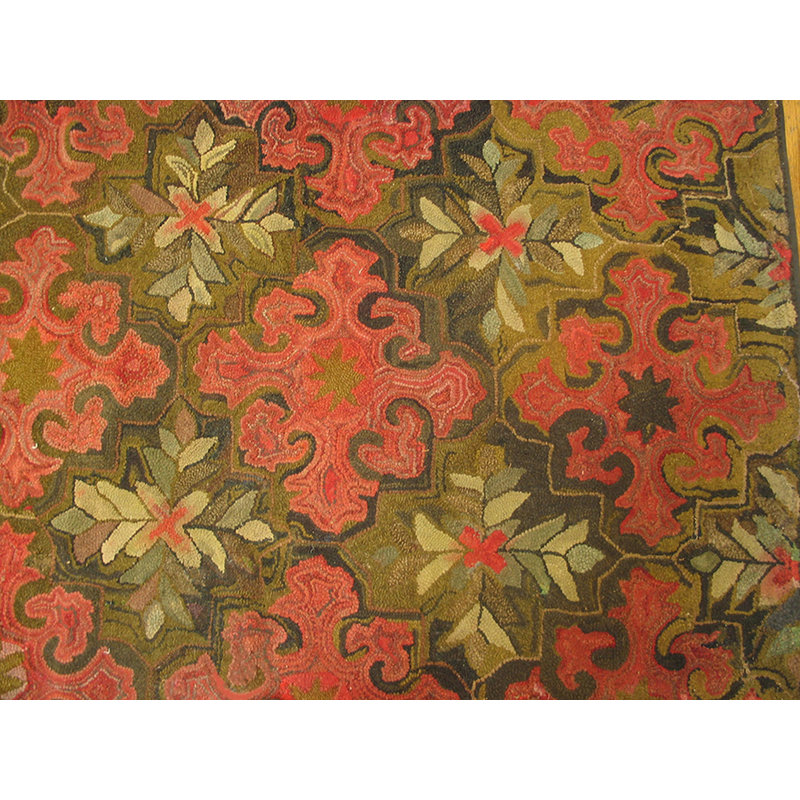 Green Antique Room Size American Folk Art Design Hooked Area Rug