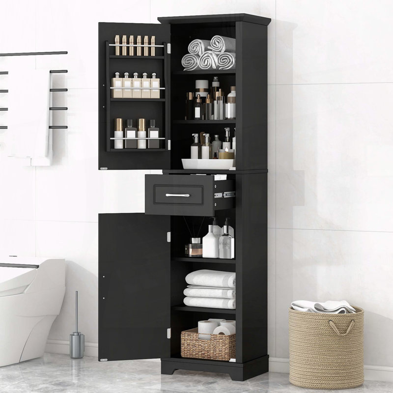 Tall Storage Cabinet with Two Doors, Drawer, and Door Shelves, Black