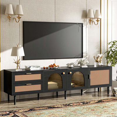 Multifunctional Rattan - inspired TV Stand with Ample Storage, LED Light, and Sturdy Construction for Home Entertainment
