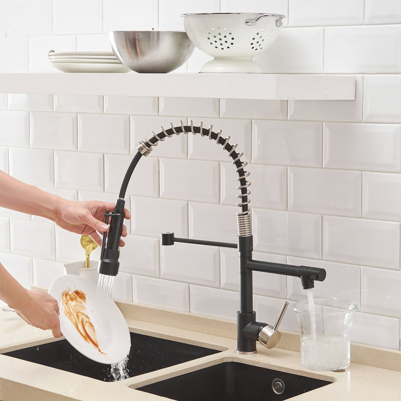 Fapully Pull Down Kitchen Faucet, Matte Black/Brushed Nickel