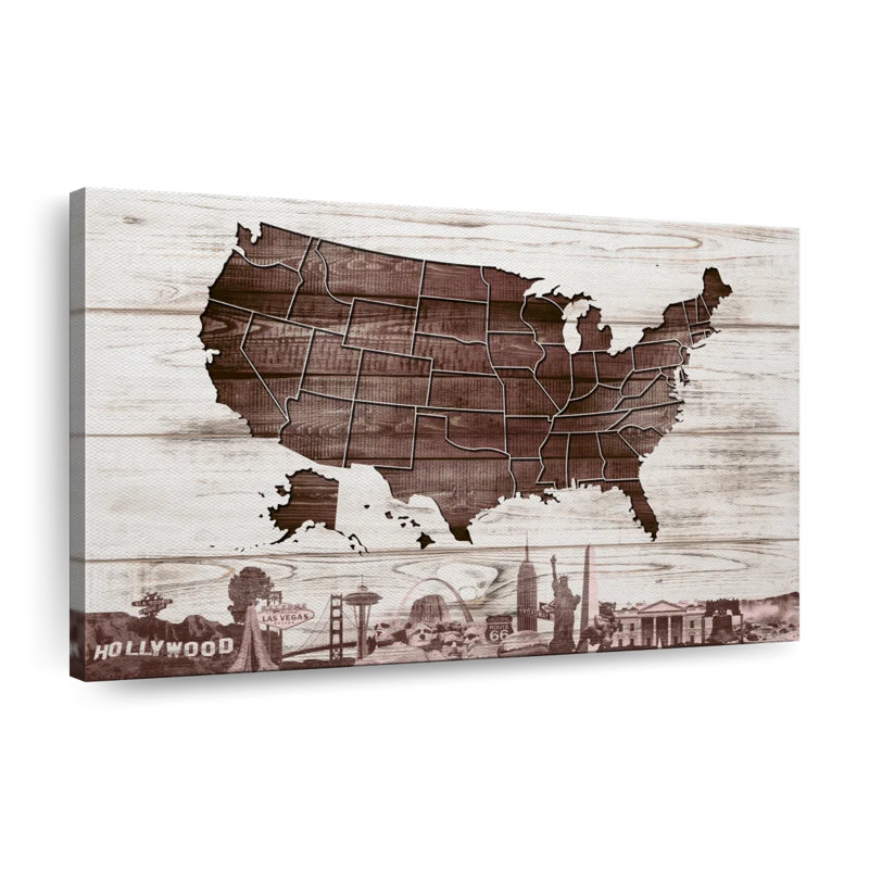 Carte en bois des États-Unis sur toile, H 8 po x l 12 po x P 1 po