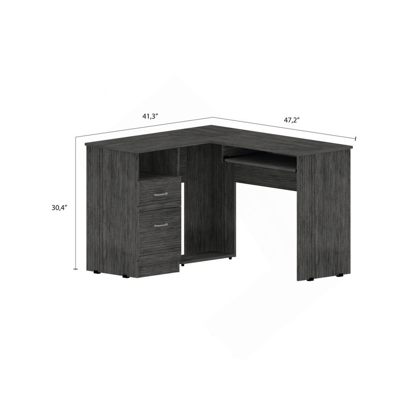 Mix L-Shaped Desk, Keyboard Tray, Two Drawers, Single Open Shelf -Smokey Oak, Smoke Grey, Smoke Gray