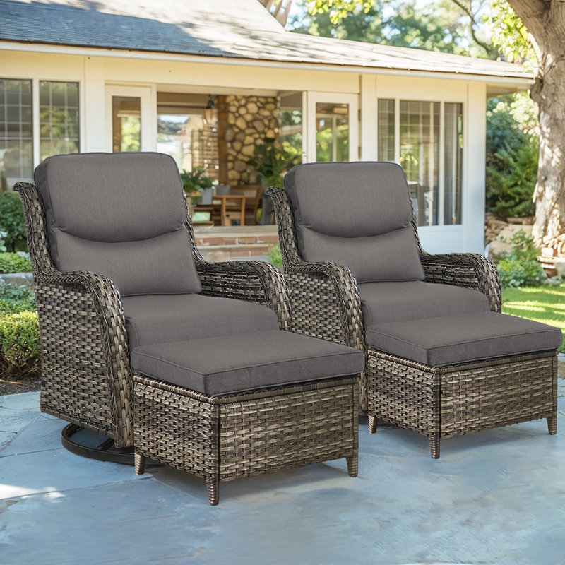 Ensemble de patio pivotant en osier pour 2 personnes avec repose-pieds et coussins Koba, Gris, Gris