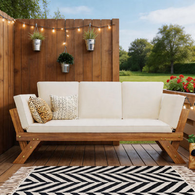 Méridienne de patio d'extérieur réglable en bois avec coussins beiges, peu encombrante, finition naturelle