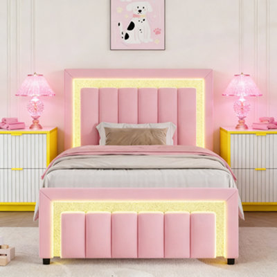 Velvet Diamond-Tufted LED Platform Bed with 2-Piece Modern LED Nightstand Set – 3-Piece Illuminated Bedroom Suite