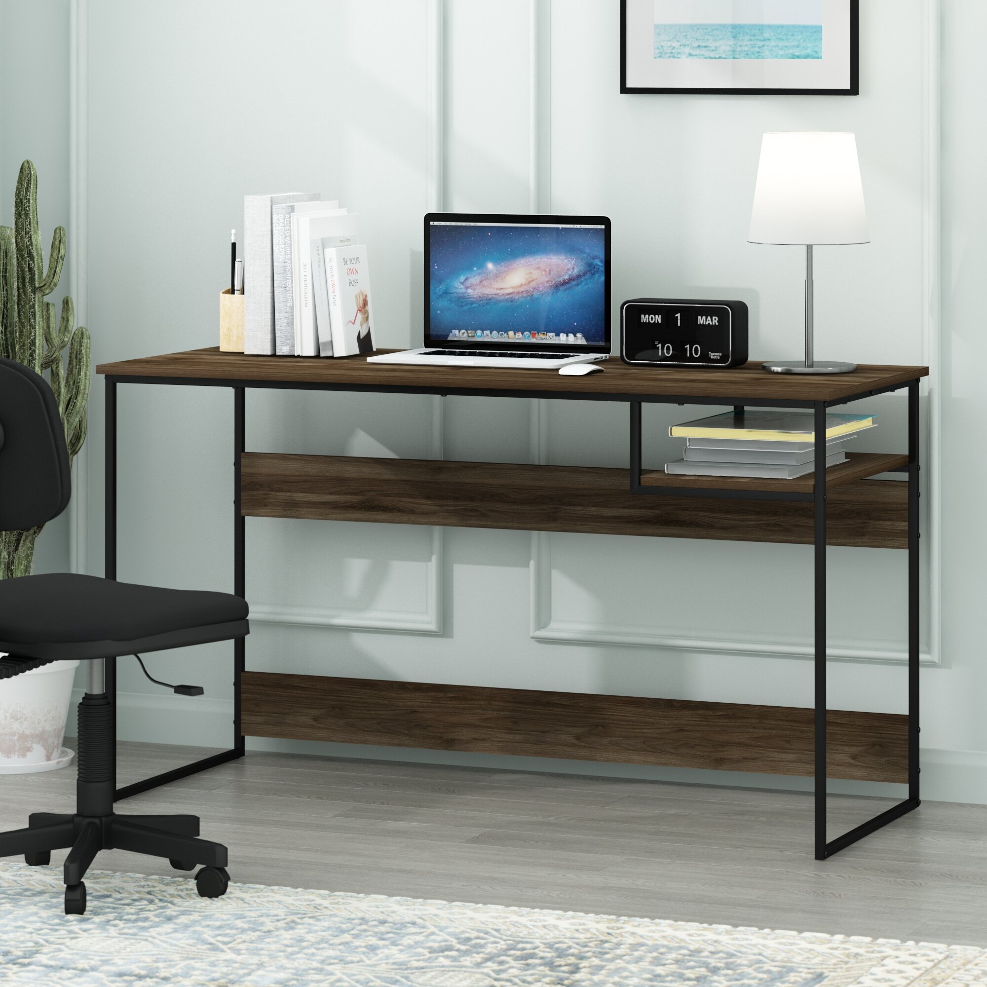 Fortney Home Office Desks with Reversible Bookshelf 17 Stories Color (Top/Frame): Oak/Black, Size: 47.64 H x 47.24 W x 25.2 D