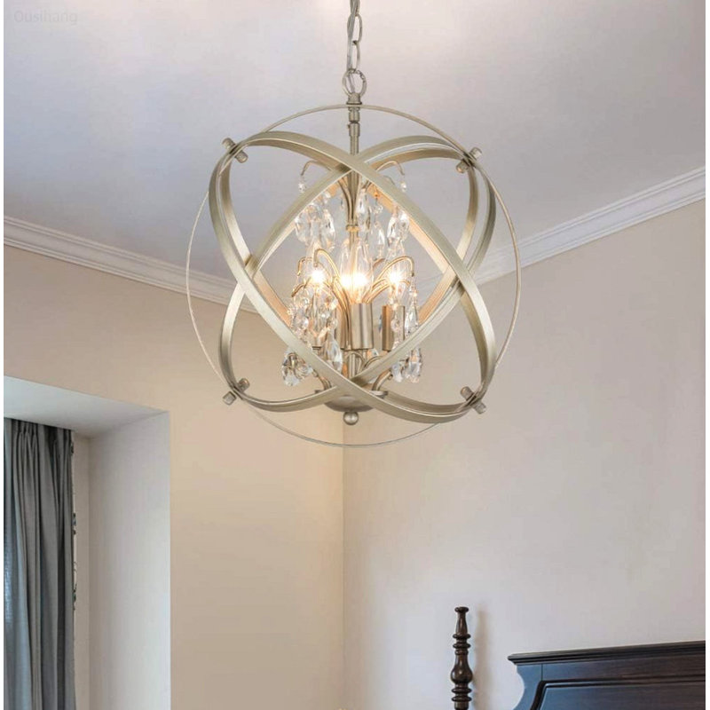 Lustre suspendu moderne à 4 lumières, style ferme, or champagne, avec globes et accents de cristal