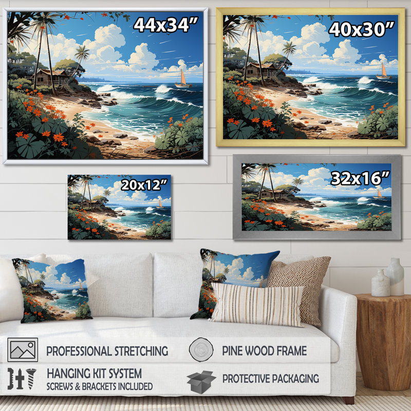 Turquoise Seaside Trek II - reproductions d'art mural nautique et plage, H 30 po x l 40 po x P 1,5 po, Cadre doré simple