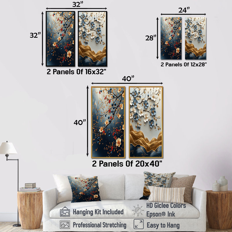 «Blue Cherry Blossom Branches I» - ensemble d'art mural 2 pièces, H 28 po x l 24 po, Toile tendue sur cadre