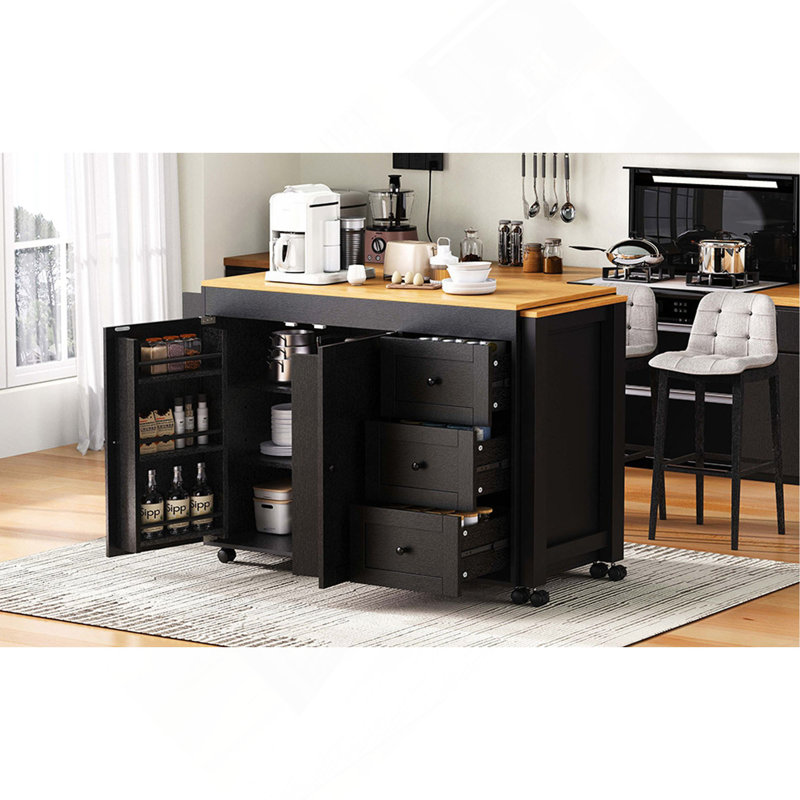74.8" Kitchen Island With Extendable Dining Table, Kitchen Storage Cart With 3 Drawers, Power Outlet, Rolling Kitchen Island On Wheels With Spice Rack And 2 Door Cabinet, For Kitchen