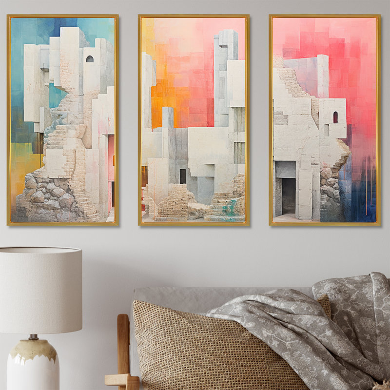 Ensemble de décorations murales Bold Pink Pastel Castle I - Châteaux, Cadre flottant doré, H 40 po x l 60 po x P 1 po