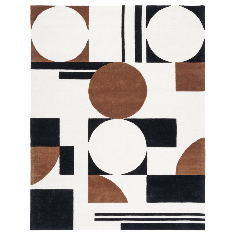 Tapis ivoire / noir / brun en laine fabriqué à la main Antoni, Rectangle de 10 pi x 14 pi