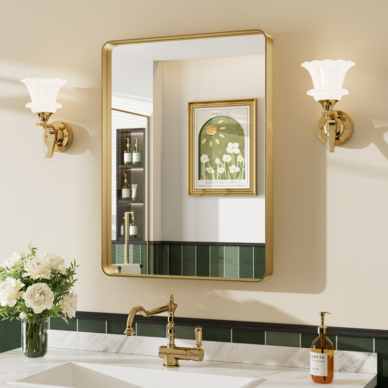 Miroir de salle de bain mural Llesenia, 30 po x 22 po, Or brossé, Rectangulaire