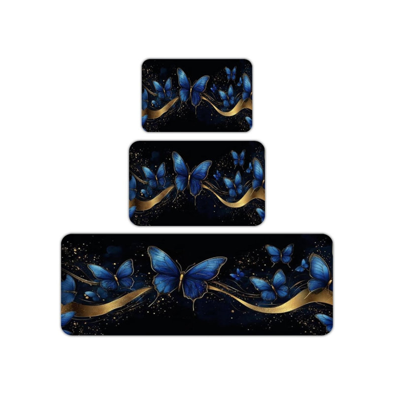 Ensemble de tapis de cuisine noir et noir à motif de papillons pour la cuisine et la chambre à coucher