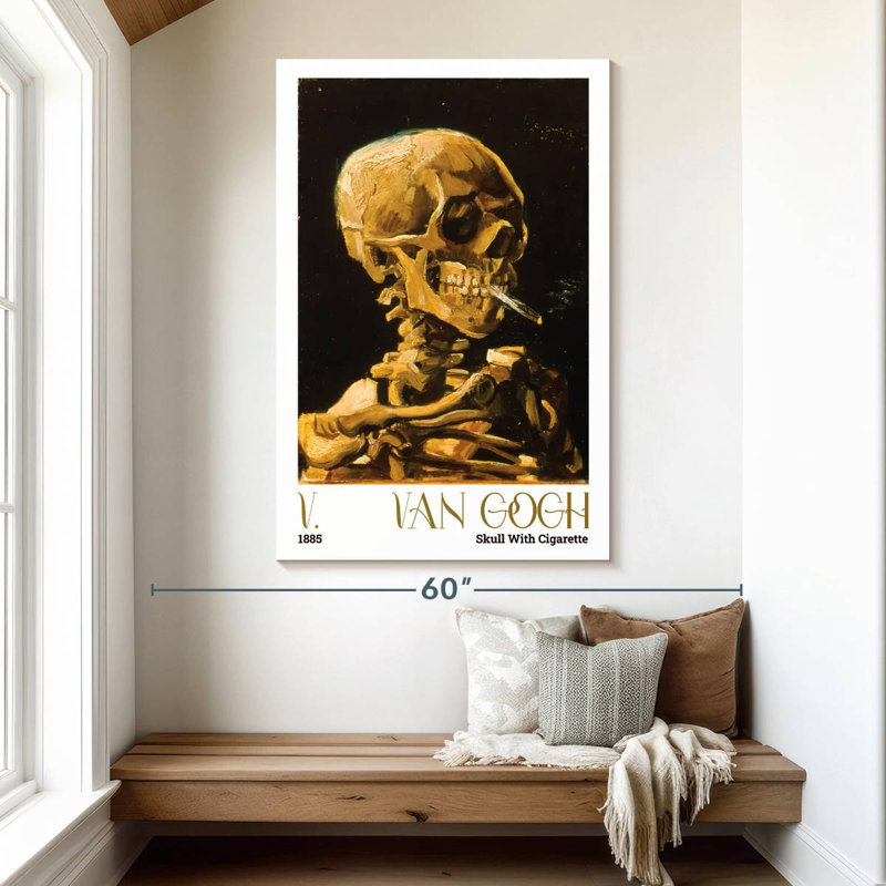 Crâne avec une affiche d'exposition Van Gogh, H 51 po x l 34 po