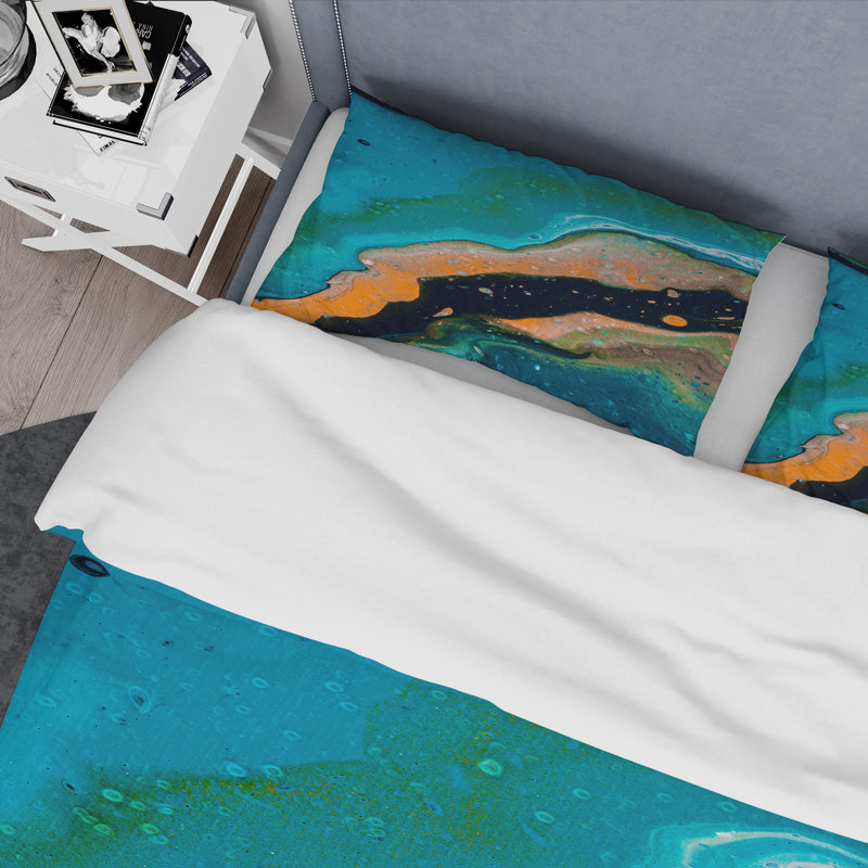 Composition abstraite de marbre en bleu et orange II - ensemble de housse de couette moderne - microfibre de polyester